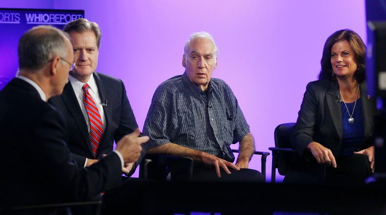 Ohio's 10th Congressional District candidates on the WHIO Reports program with Jim Otte, left.  Candidates from left to right are Mike Turner, Dave Harlow, and Theresa Gasper.  TY GREENLEES / STAFF