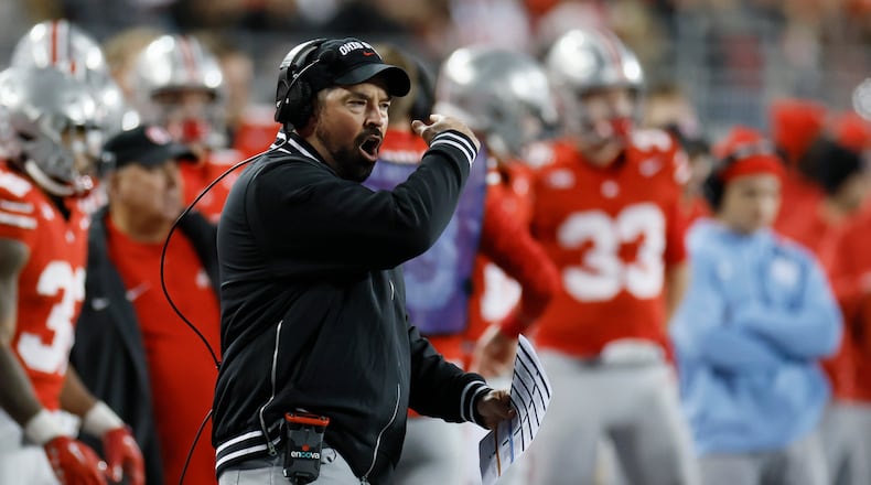 Ohio State head coach Ryan Day shouts to his team during the second half of an NCAA college football game against Minnesota, Saturday, Nov. 18, 2023, in Columbus, Ohio. (AP Photo/Jay LaPrete)