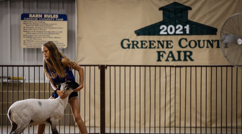 Payton Fannin from Jamestown practices her brace with her market lamb, Curley, at the Greene County Fair on its opening day Monday Aug. 2, 2021. The fair runs through Aug. 7 at the fairgrounds in Xenia. JIM NOELKER/STAFF
