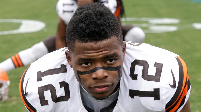 FILE - In this Dec. 21, 2014, file photo, Cleveland Browns’ Josh Gordon (12) streteches before an NFL football game against the Carolina Panthers in Charlotte, N.C. Revealing he was scared for my life, suspended Browns wide receiver Josh Gordon is making his case to be reinstated by the NFL. Gordon, who was indefinitely suspended by the league before the 2015 season following another violation of the leagues substance-abuse policy, detailed his life-long drug abuse, the depths of his addiction and determination to turn his life around in a video released Tuesday, Oct. 10, 2017, on Uninterrupted, a media platform for athletes produced by NBA star LeBron James. (AP Photo/Bob Leverone, File)