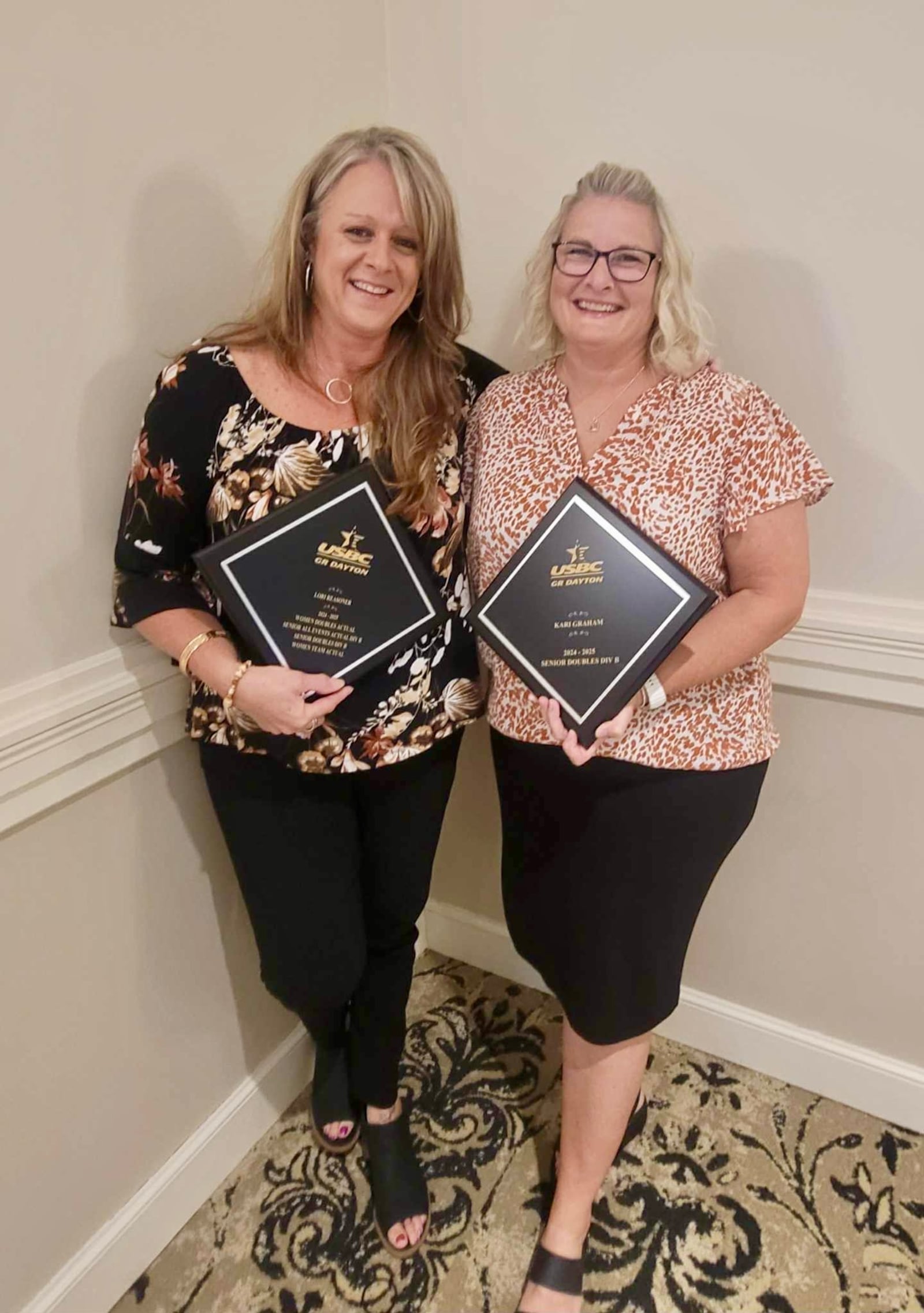 GDUSBC Bowler of the Year Lori Reasoner (left) and teammate Kari Graham won a city senior doubles titles during the 2024-25 season. CONTRIBUTED