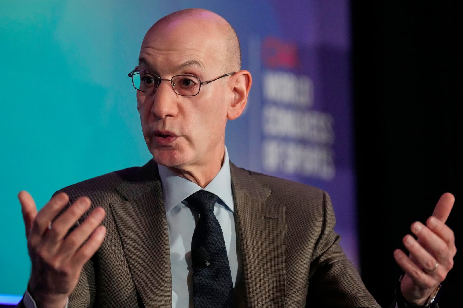 NBA Commissioner Adam Silver speaks at the SBJ CAA World Congress of Sport, Tuesday, April 22, 2025, in Nashville, Tenn. (AP Photo/George Walker IV)