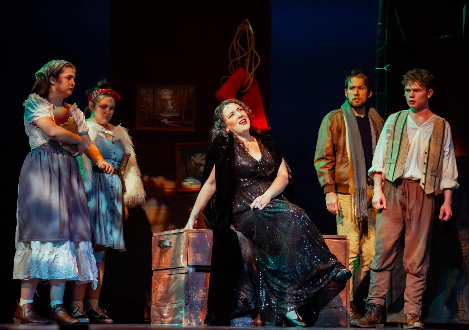 Left to right: Sarah Rowell (Cinderella), Bella Marcigliano (Little Red Ridinghood), Madeline Stern (Witch), Kyle Channell (Baker), and Griffin Greear (Jack) in TheatreLab Dayton's production of "Into the Woods." PHOTO BY LUCA MEYERS