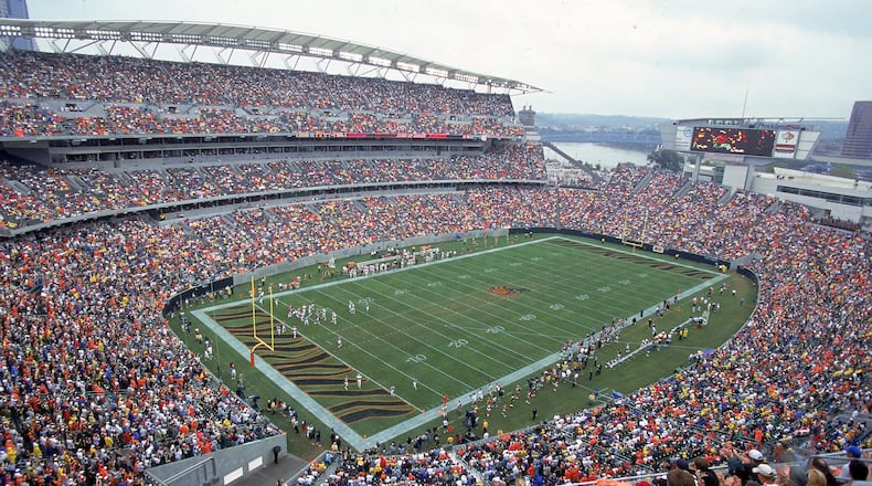 A general view of the football field taken from the stadium during a game between the Cincinnati Bengals and the Cleveland Browns at the Paul Brown Stadium in Cincinnati on Sept. 10, 2000. The Browns defeated the Bengals 24-7 in the first game at Paul Brown Stadium. Jonathan Daniel /Allsport