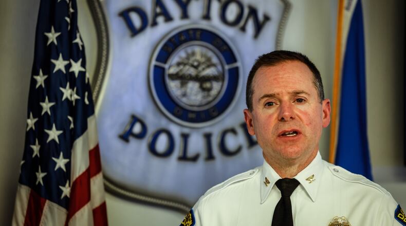 Dayton Interim Chief of Police, Matt Carper talks to the press about the SWAT shooting early Tuesday morning. Jim Noelker\Staff