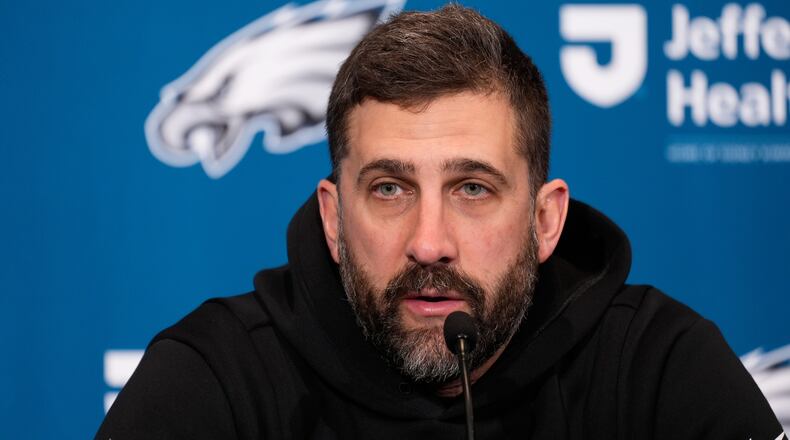 Philadelphia Eagles head coach Nick Sirianni speaks during a news conference after an NFL wild-card playoff football game against the San Francisco 49ers on Sunday, Jan. 11, 2026, in Philadelphia. (AP Photo/Chris Szagola)