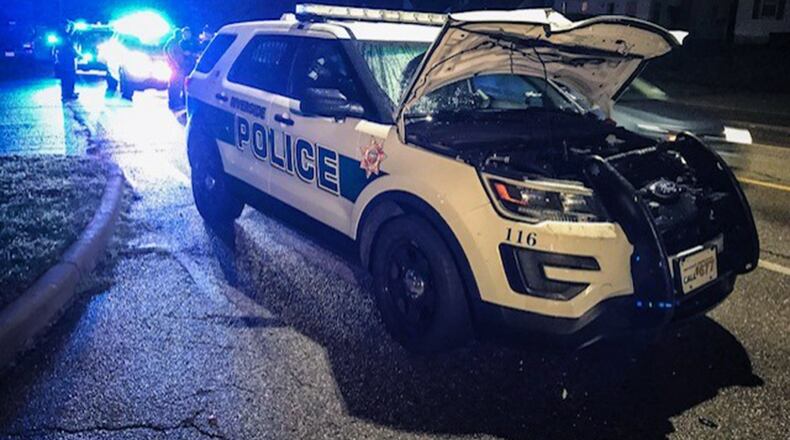 Scene of a crash on Airway Road involving the suspect who stole a Riverside Police Cruiser and struck another. JIM NOELKER / STAFF