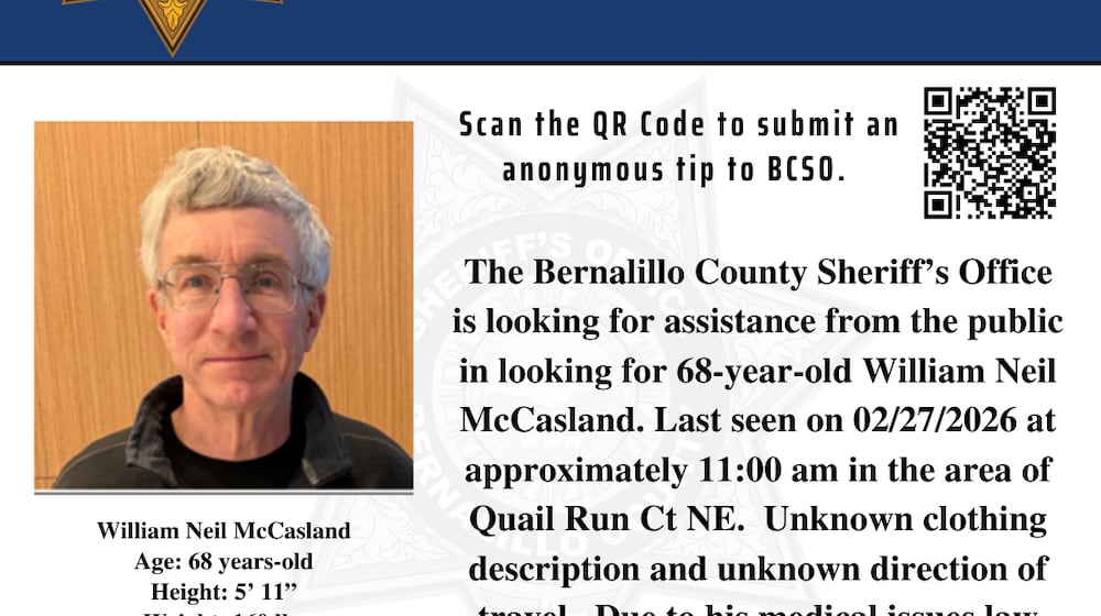 The Bernalillo County Sheriff’s Office has issued a "silver alert" in the search and investigation into the disappearance of 68-year-old William Neil McCasland, a retired AFRL commander. Facebook image from the Bernalillo County Sheriff’s Office
