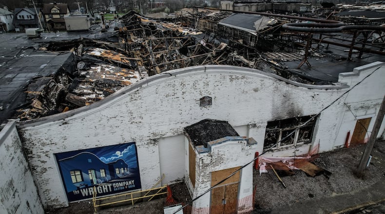 The historic building one at the Wright Brothers aircraft factory was heavily damaged by a fire March 27, 2023. JIM NOELKER/STAFF