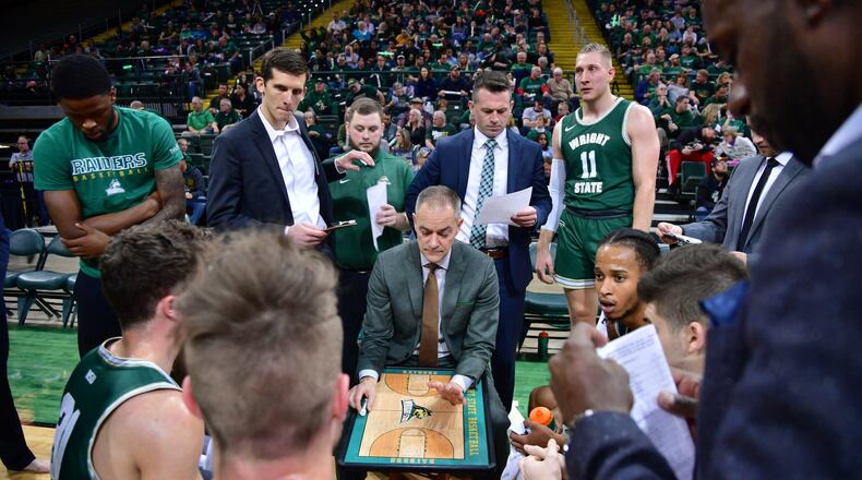 Wright State coach Scott Nagy draws up a play during Friday night’s game vs. NKU at the Nutter Center. Joseph Craven/WSU Athletics