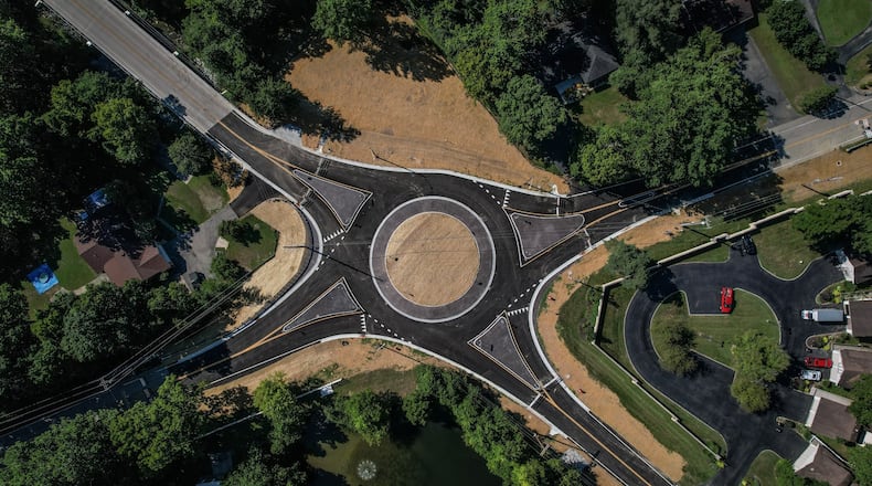 The roundabout at the intersection of Mad River Rd. and West Alex Bell Rd. in Washington Twp. is nearly complete. JIM NOELKER/STAFF