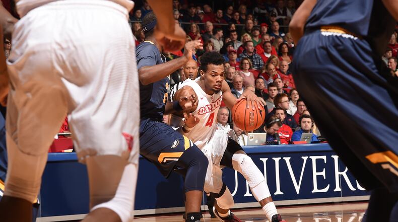 Dayton’s Charles Cooke looks for room to manuever during Friday night’s game vs. La Salle. Contributed photo/Erik Schelkun