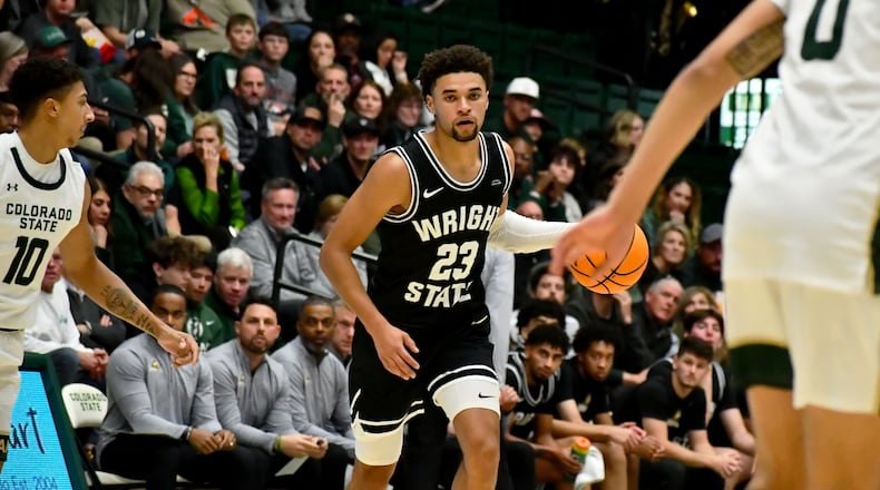 Wright State's Tanner Holden brings the ball up in the season opener vs. Colorado State on Nov. 10, 2023. Wright State Athletics photo