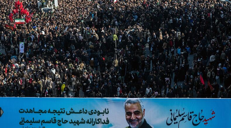 A banner bearing the likeness of Maj. Gen. Qassem Soleimani is carried during a funeral procession in Tehran on Monday, Jan. 6, 2019. Soleimani was killed by the United States on Friday in Baghdad in a drone strike. (Arash Khamooshi/The New York Times)