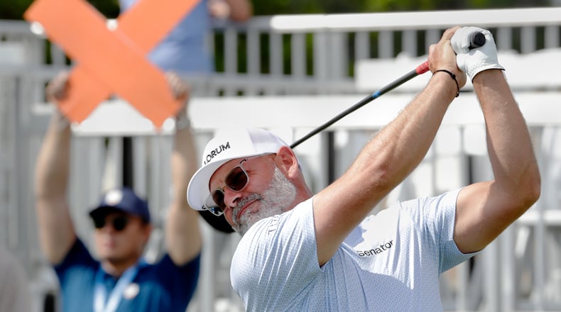 Paul Waring tees off on the 18th hole during the first round of the Texas Children's Houston Open golf tournament Thursday, March 26, 2026, in Houston. (AP Photo/Michael Wyke)