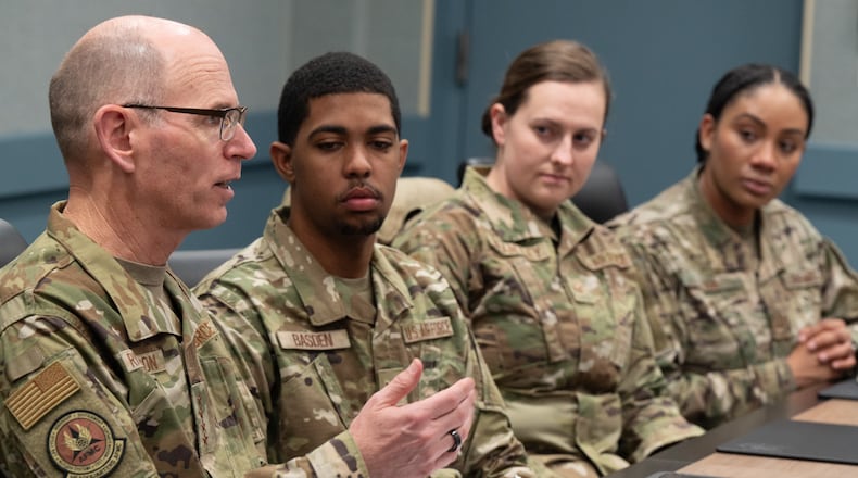 Gen. Duke Z. Richardson, left, commander, Air Force Materiel Command, speaks at Eglin Air Force Base, Fla., Feb. 19, 2025. Richardson retires from the Air Force July 3, 2025, after a 42-year career. (U.S. Air Force photo by Michelle Gigante)