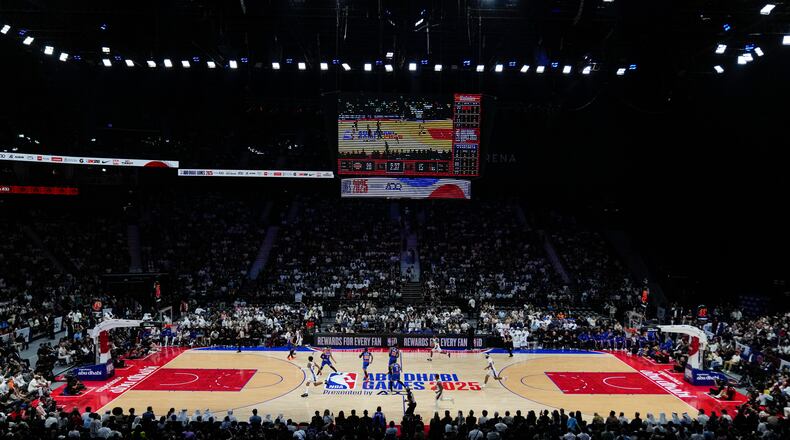 FILE - he Philadelphia 76ers play the New York Knicks during the first half of an NBA preseason basketball game, Thursday, Oct. 2, 2025, in Abu Dhabi, United Arab Emirates. (AP Photo/Altaf Qadri, File)