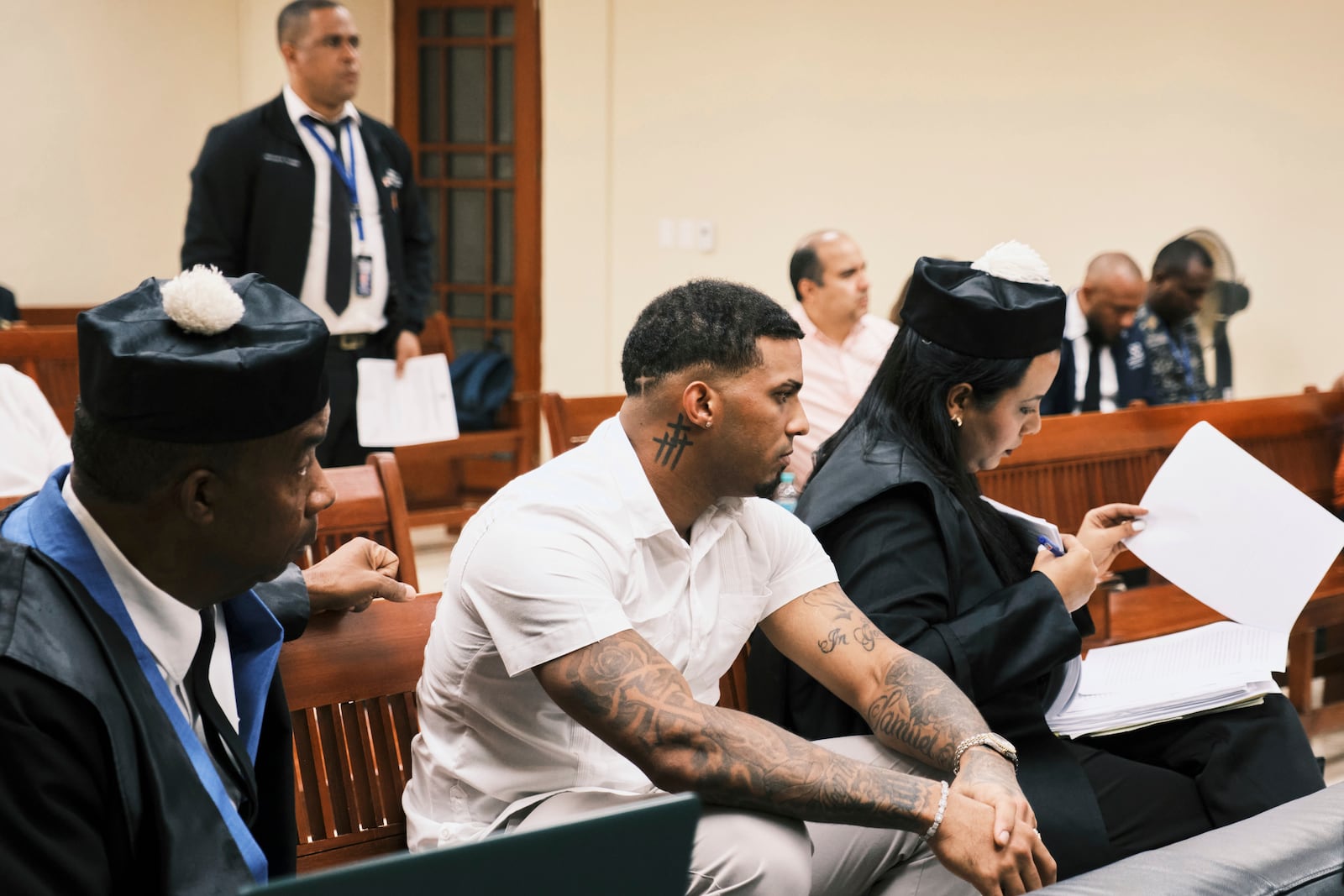 Tampa Bay Rays shortstop Wander Franco sits in court during his trial on multiple charges of sexually abusing a minor, in Puerto Plata, Dominican Republic, Monday, June 2, 2025. (AP Photo/Ricardo Hernandez)