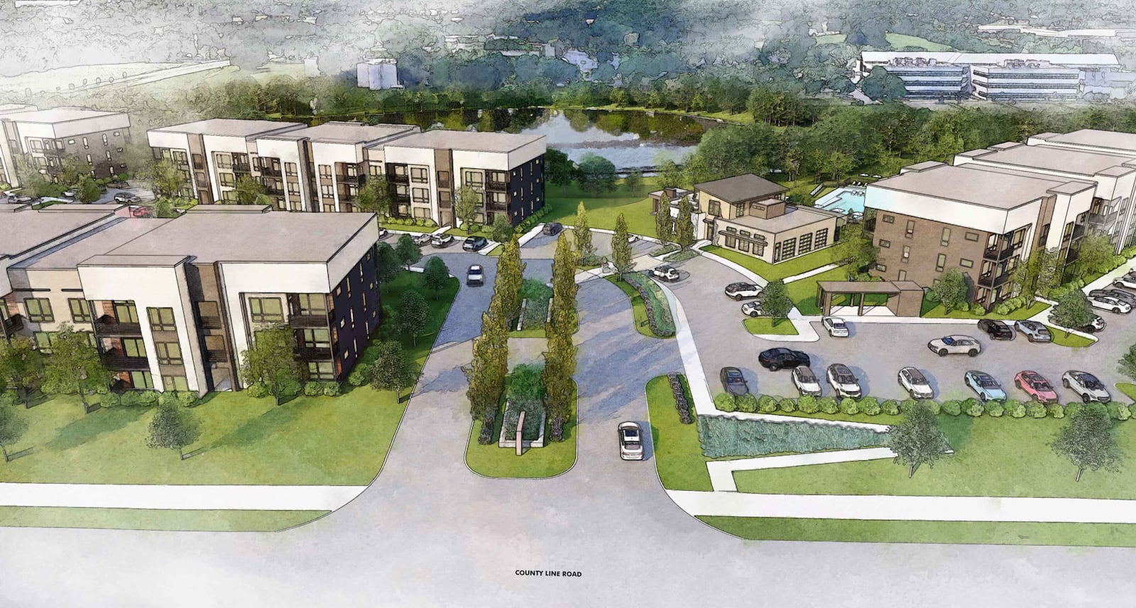 A rendering of the modern, market-rate-plus VC Flats apartments on 28.5 acres within the Miami Valley Research Park in Kettering. The project is the first large multifamily development in the city since the mid-1980s. Amenities include a clubhouse, fitness center, pool, sand volleyball, outdoor patio and rooftop deck overlooking the pond. The apartments are adjacent to the Sixth River office park and surrounded by major employers such as Reynolds & Reynolds, Solvita and Matrix Research. CONTRIBUTED