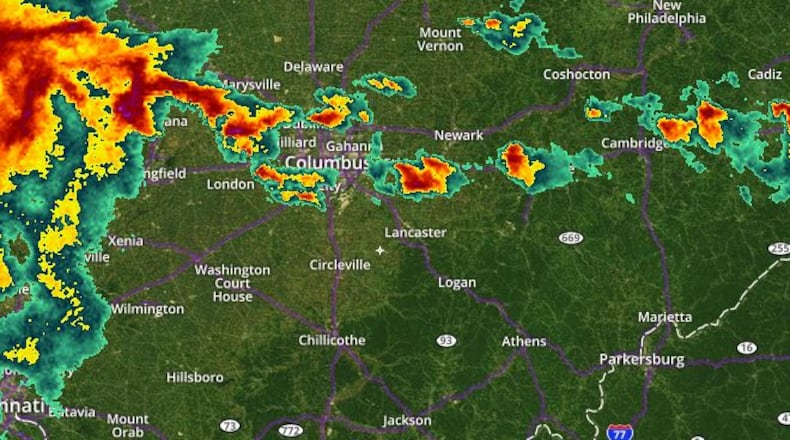 Radar image of weather around Columbus, Ohio, taken at 4:12 p.m. May 19. PHOTO / WHIO.com Interactive Radar