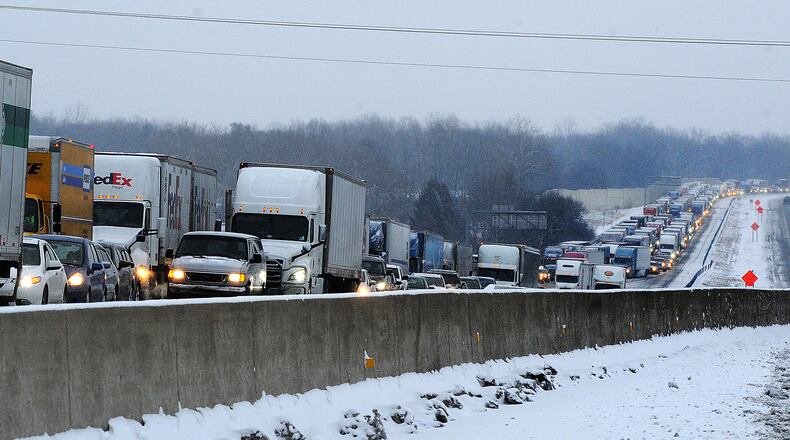 Westbound Interstate 70 was a parking lot Thursday morning due to several weather related accidents near Enon. MARSHALL GORBY\STAFF