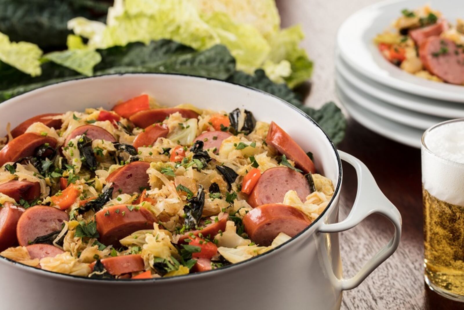 Sausage supper features cabbages, tangy sauerkraut and full-bodied kielbasa. (Food styling by Mark Graham.) (Zbigniew Bzdak/Chicago Tribune/TNS)