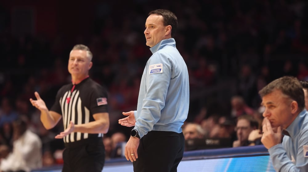 Rhode Island's Archie Miller coaches during a game against Dayton on Tuesday, Jan. 27, 2026, at UD Arena. David Jablonski/Staff