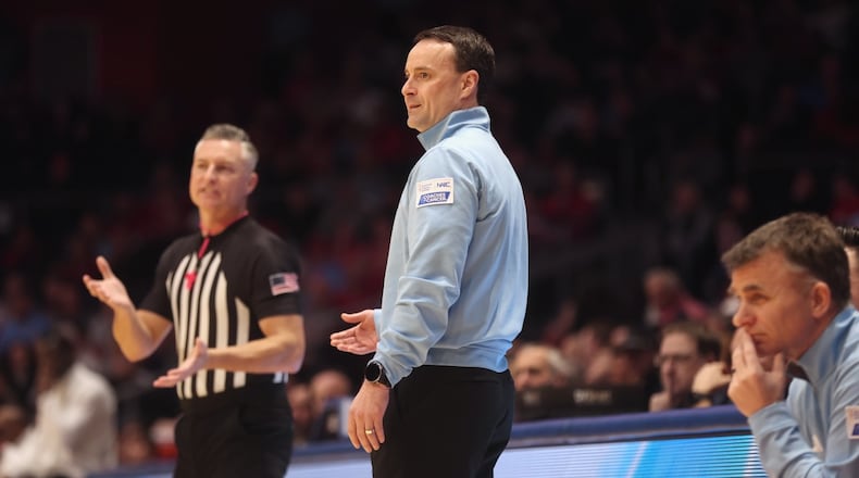 Rhode Island's Archie Miller coaches during a game against Dayton on Tuesday, Jan. 27, 2026, at UD Arena. David Jablonski/Staff