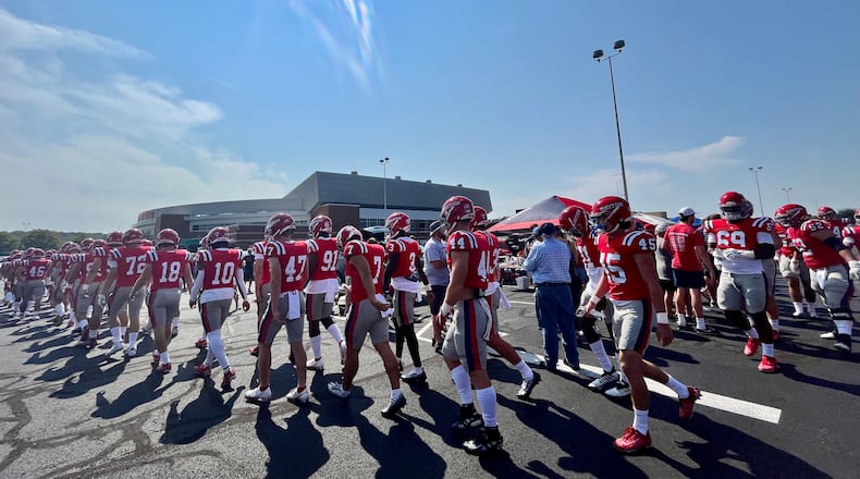 Dayton walks to the game against Kentucky State on Saturday, Sept. 17, 2022, at Welcome Stadium. David Jablonski/Staff