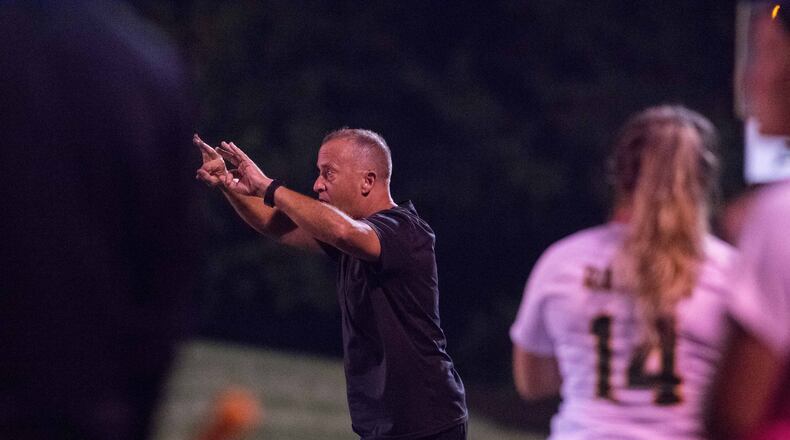 Wright State women's soccer coach Pat Ferguson gives instructions to his team during a game vs. Thomas More on Sept. 6, 2019. Joseph Craven/Wright State Athletics