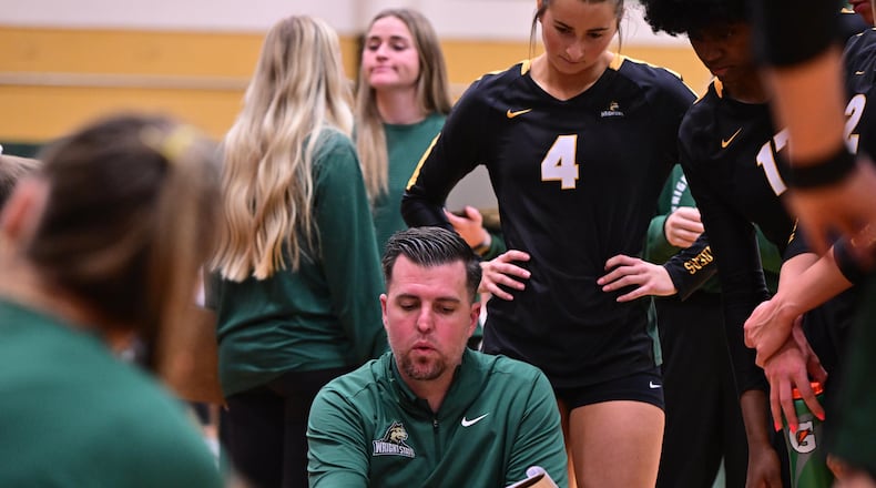 Wright State volleyball coach Travers Green talks to his team during a timeout in a recent match vs. Purdue Fort Wayne at McLin Gym. Joe Craven/Wright State Athletics