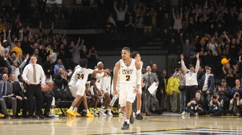 Virginia Commonwealth’s Marcus Evans reacts after hitting the go-ahead 3-pointer with 33 seconds left against Dayton on Wednesday, Jan. 16, 2019, at the Siegel Center in Richmond, Va. David Jablonski/Staff