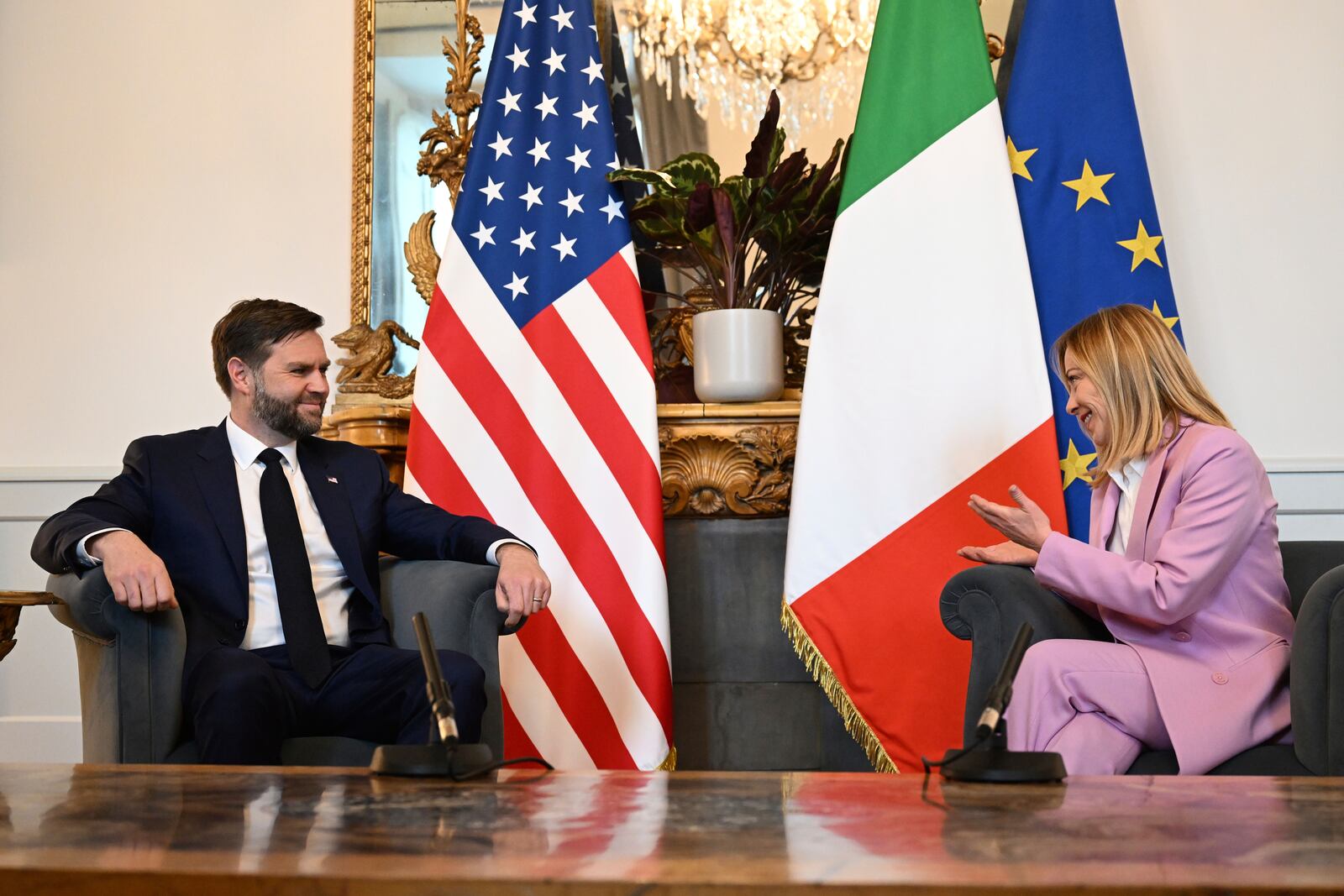 U.S. Vice President JD Vance meets with Italian Prime Minister Giorgia Meloni at Chigi Palace in Rome, Italy, Friday April 18, 2025. (Kenny Holston/The New York Times via AP, Pool)