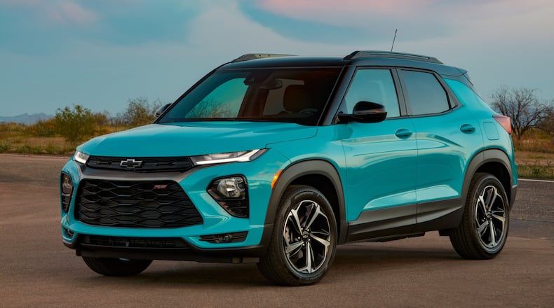 This photo provided by Chevrolet shows the 2022 Trailblazer. The Trailblazer is a little Chevy SUV with a distinctive look and a roomy interior. (Courtesy of General Motors via AP)