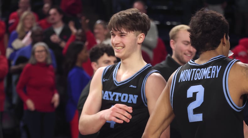 Dayton's Jordan Derkack smiles after a victory against Richmond on Tuesday, March 3, 2026, at the Robins Center in Richmond, Va. David Jablonski/Staff