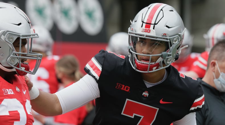 Ohio State's C.J. Stroud stretches before the spring game on Saturday, April 17, 2021, at Ohio Stadium in Columbus. David Jablonski/Staff