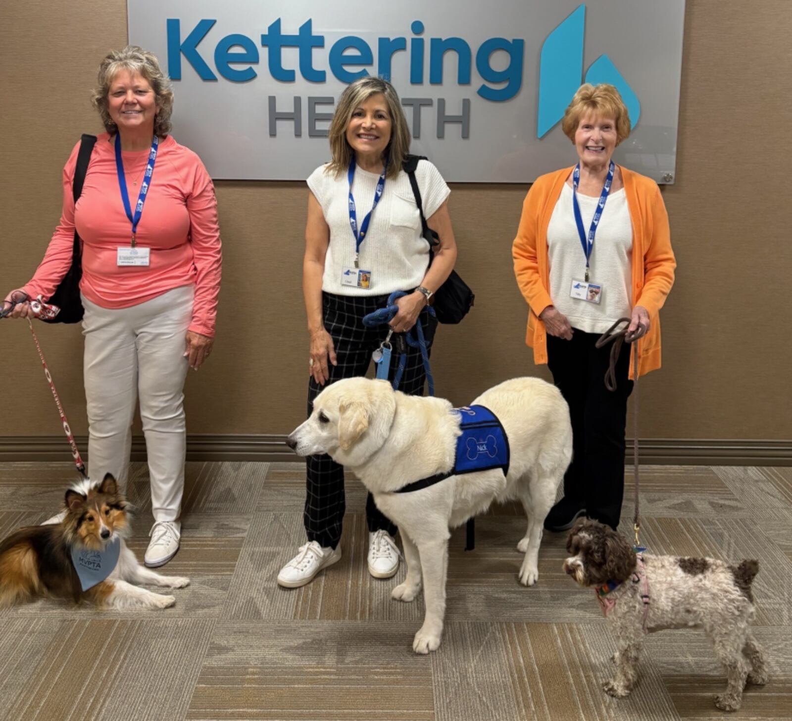Miami Valley Pet Therapy Association volunteers and their dogs visit Kettering Health. From left to right: Terry Combs and Tazzy, Cindi Heck and Nick and Jackie Thode and Tilly.  CONTRIBUTED