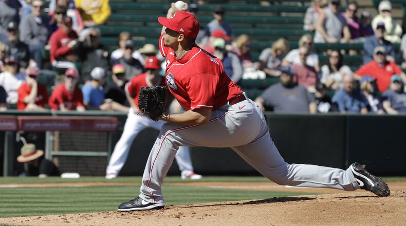 Cincinnati Reds’ Jose De Leon throws during the first inning of a spring training baseball game against the Los Angeles Angels, Tuesday, Feb. 25, 2020, in Tempe, Ariz. (AP Photo/Darron Cummings)