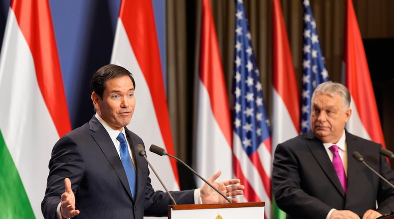 U.S. Secretary of State Marco Rubio, left, and Hungary's Prime Minister Viktor Orban hold a joint news conference in Budapest, Hungary, Monday, Feb. 16, 2026. (AP Photo/Alex Brandon, Pool)