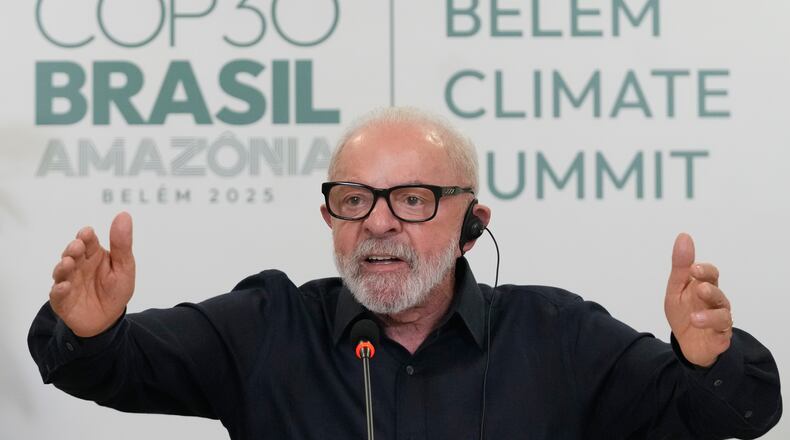 Brazil's President Luiz Inacio Lula da Silva speaks during an interview with the foreign media ahead of the COP30 U.N. Climate Summit in Belem, Para state, Tuesday, Nov. 4, 2025. (AP Photo/Eraldo Peres)