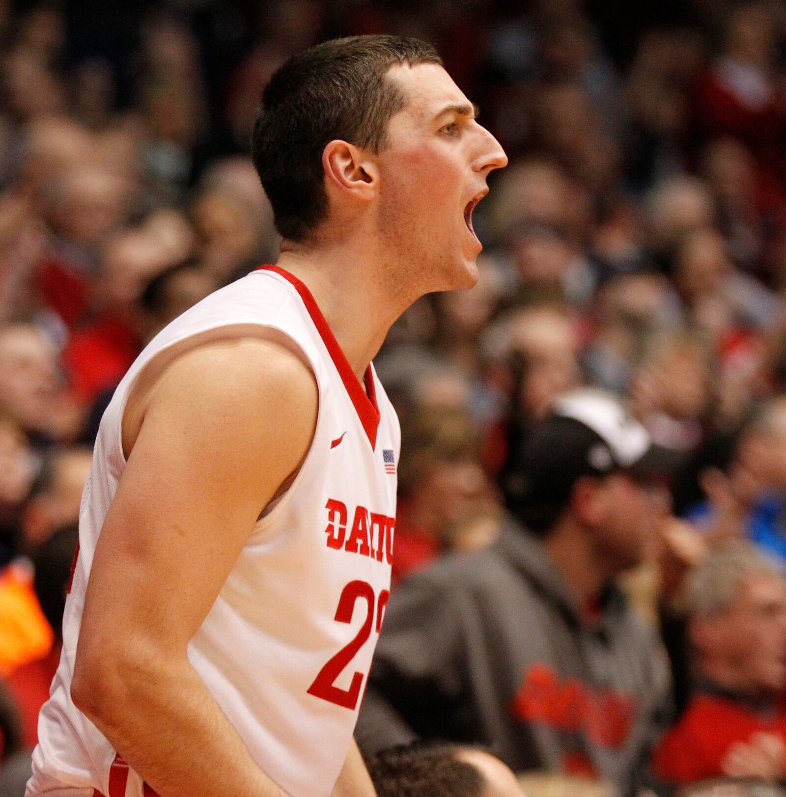Dayton forward Bobby Wehrli reacts to a play during a game against La Salle on Wednesday, Jan. 14, 2015, at UD Arena.