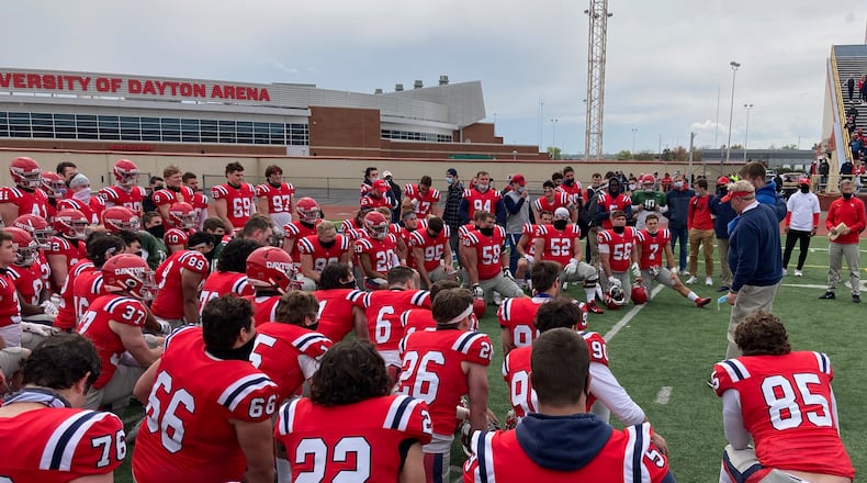 Dayton coach Rick Chamberlin talks to the team after the final football spring scrimmage against Ashland on April 17, 2021, at Welcome Stadium. David Jablonski/Staff