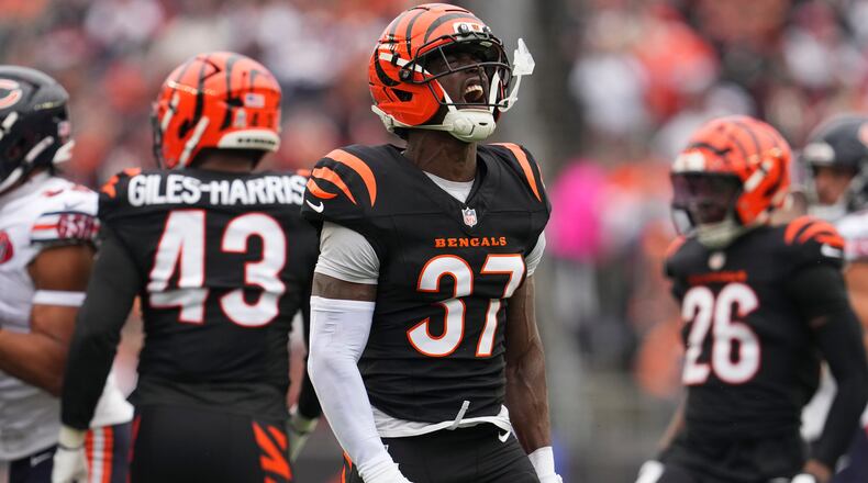 Cincinnati Bengals safety PJ Jules (37) reacts to a tackle during the first half of an NFL football game against the Chicago Bears, Sunday, Nov. 2, 2025, in Cincinnati. (AP Photo/Jeff Dean)