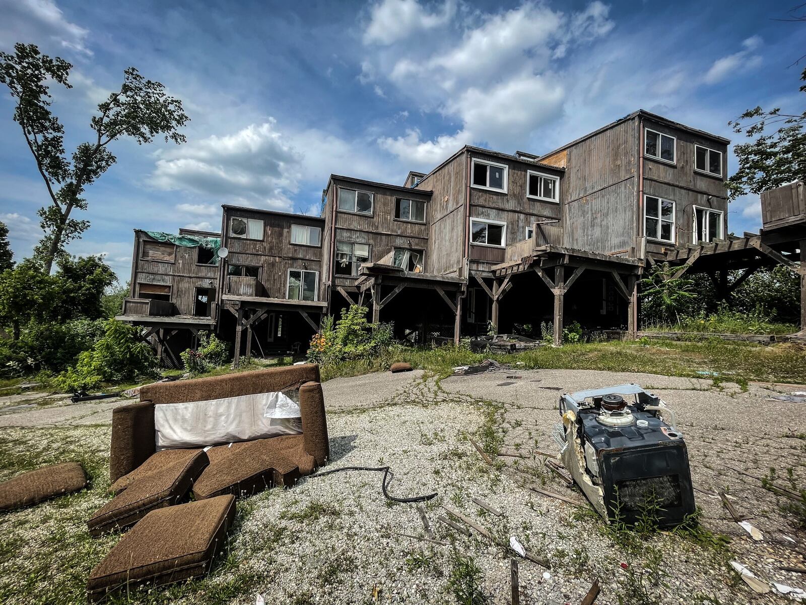 The apartment building on Lofty Oaks Lane in Harrison Twp. was damaged abandon two years age after the 2019 Memorial Day tornados. JIM NOELKER/STAFF