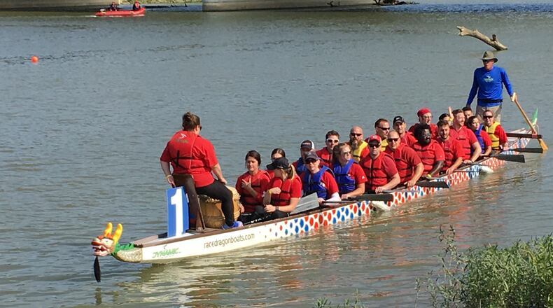 A dragon boat returning to the dock after a race. This was one of nine boat teams that competed in Saturday’s second annual Hamilton Dragon Boat Festival & Asian Cultural Festival. ED RICHTER/STAFF