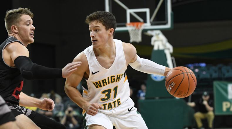 Wright State’s Cole Gentry against IUPUI earlier this season at the Nutter Center. Keith Cole/CONTRIBUTED