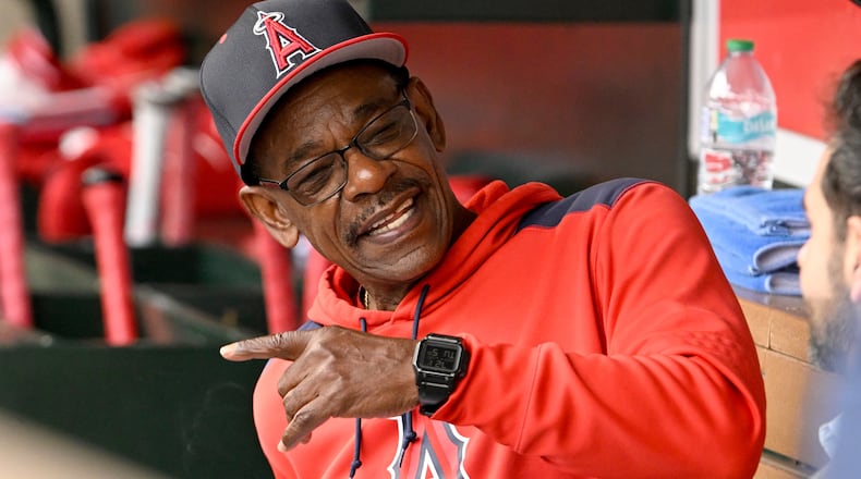 FILE - Los Angeles Angels manager Ron Washington talks in the dugout before a baseball game against the Toronto Blue Jays in Anaheim, Calif., Tuesday, May 6, 2025. (AP Photo/Alex Gallardo, File)