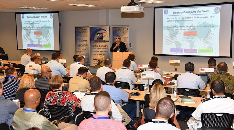 Attendees at the first Non-Standard Supply Workshop hosted by the Air Force Security Assistance and Cooperation Directorate at the Montgomery County Business Solutions Center in Dayton, listen to a presentation by Angela Swain, chief of the International Logistics Branch at AFSAC. (Courtesy photo)