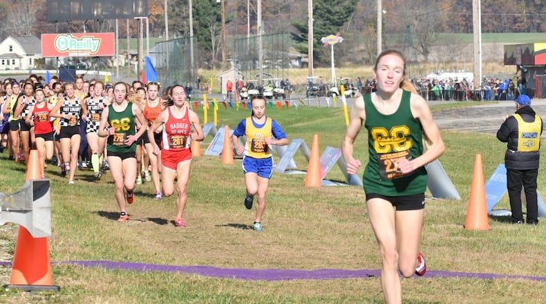 Catholic Central senior Addie Engel leads the field in the Division III girls state cross country championship at National Trail Raceway in Hebron. Greg Billing/CONTRIBUTED