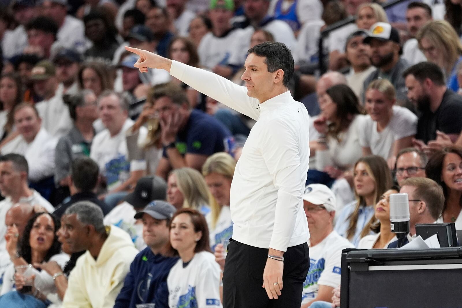 Oklahoma City Thunder head coach Mark Daigneault gestures during the second half of Game 4 of the Western Conference finals of the NBA basketball playoffs against the Minnesota Timberwolves Monday, May 26, 2025, in Minneapolis. (AP Photo/Abbie Parr)